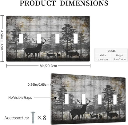 Rustic Deer Forest Vintage Wood Board Quad Toggle Boho Light Switch Covers Decorative Country Unique 4 Gang Wall Plate Electrical Faceplate Switchplate for Farmhouse Bedroom Decor