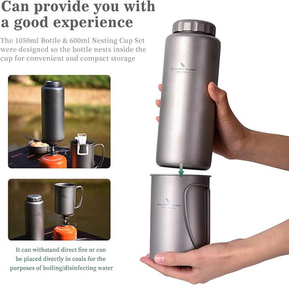 iBasingo 1050ml Titanium Bottle 600ml Nesting Cup Outdoor Camping Single Layer Wide Mouth Cookware Lightweight Portable Bottle Mug Hiking Picnic Solo Cooking Mess Kit