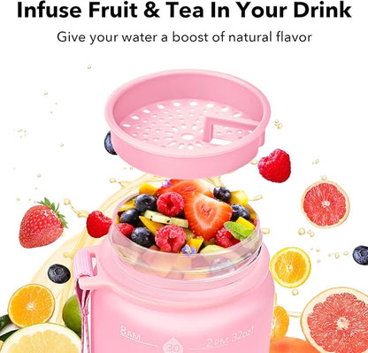 GOSWAG 32oz Motivational Water Bottles with Time Marker and Fruit Strainer, Sports Water Bottle with Times to Drink, Leakproof, Reusable Plastic Bottle with Strap no Straw for Gym, School