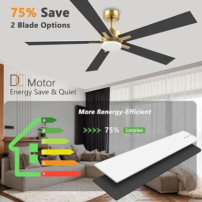 60 Inch Smart Ceiling Fan with Lights Remote,Control via Voice Alexa Google App Wifi,Silent DC Motor,Dimmable,Outdoor Indoor Modern Ceiling Fans for Large Bedroom Living Room Patio,Gold White Black