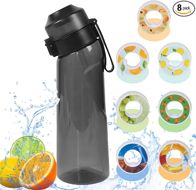 Air Water Bottle 8PCS Flavor Pods 22oz Fruit Fragrance Scented Water Cup BPA Free 0% Sugar For Outdoor Sports,Gifts From Friends, Birthday Gifts (1 bottle Black+7 pods in random flavors)