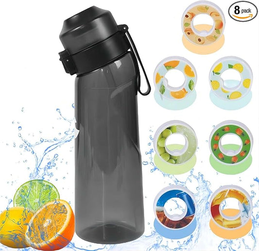 Air Water Bottle 8PCS Flavor Pods 22oz Fruit Fragrance Scented Water Cup BPA Free 0% Sugar For Outdoor Sports,Gifts From Friends, Birthday Gifts (1 bottle Black+7 pods in random flavors)