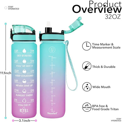 32 oz Water Bottle with Straw and Sleeve, Motivational Water Bottle with Time Marker and Adjustable Shoulder Strap, BPA Free Leakproof Sport Water Jug for Hiking, Gym