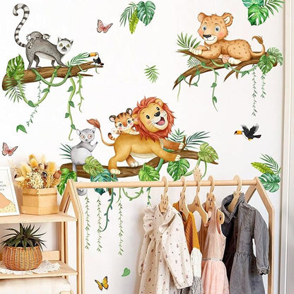 Cartoon Animal Wall Stickers - Fun Lion and Tropical Plant Design, 2 Sets of 3 Stickers Each
