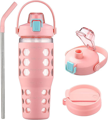 MUKOKO 32 oz Glass Tumbler with Straw,Glass Water Bottles with Time Marker,Iced Coffee Cup with 2 Lids-Handle Spout Lid&Straw Lid,Silicone Sleeve,Leakproof,1 Pack-Pink
