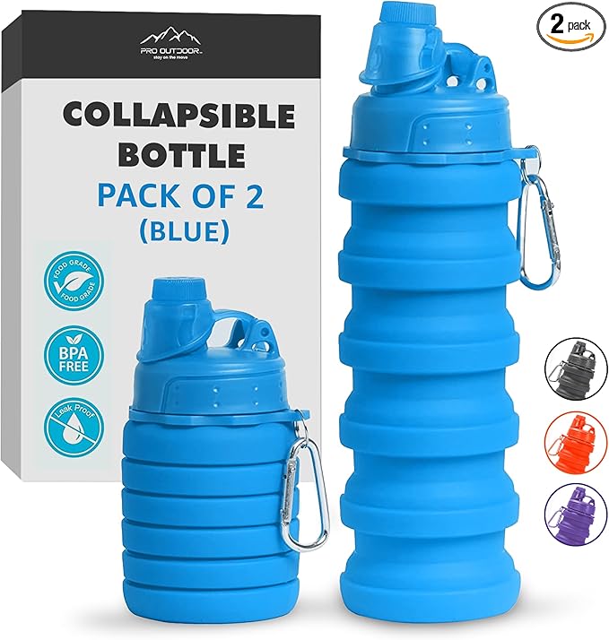 Collapsible Water Bottles - BPA-FREE Silicone Reusable Travel Bottles for Healthy & Safe Hydration, Compact & Portable Design for Hiking & Sports, Lightweight & Foldable, 2-Pack, Blue