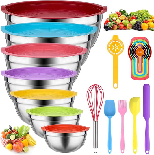 Mixing Bowls with Lids for Kitchen - 26 PCS Stainless Steel Nesting Colorful Mixing Bowls Set for Baking,Mixing,Serving & Prepping,Size 5, 3.7, 2.8, 2.3, 1.7, 1.1, 0.7QT,12 Cooking Utensils