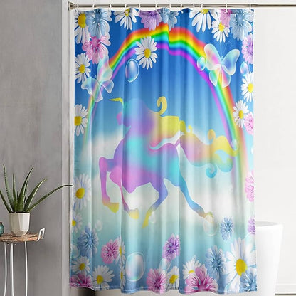 AILONEN Unicorn Shower Curtain, Kawaii Rainbow Unicorn Theme Bathroom Decor,Colorful Flower Butterfly Waterproof Fabric Shower Curtain Set for Girls Teens Kids,48" W*72" H