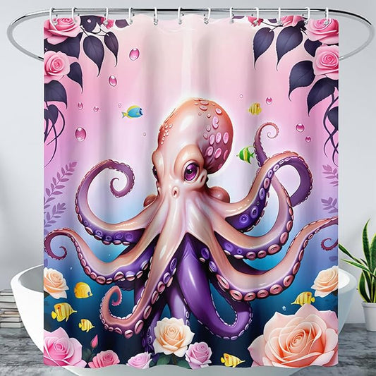 AILONEN Cartoon Pink Octopus Shower Curtain for Bathroom,Octopus Tentacles with Rose Bath Curtain for Kids,Girls,Ocean Animal Theme Waterproof Fabric Shower Curtain Set with Hooks,72" W*96" H