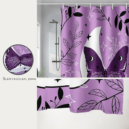 AILONEN Butterfly Shower Curtain for Bathroom Sun and Moon Purple Boho Bath Curtain 72" W*96" H Polyester Fabric Waterproof Bathroom Curtain with 12 Hooks