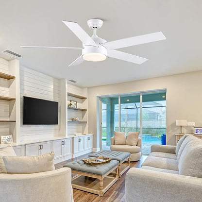 52 inch White Ceiling Fans with Lights and Remote, Wooden 5 Blades LED Modern Ceiling Fan for Bedroom, Living Room, Dining Room, 3 CCT 6-Speed Quiet Reversible
