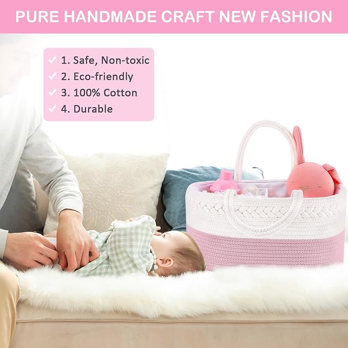 ABenkle Baby Diaper Caddy, Nursery Storage Bin and Car Organizer for Diapers Wipes, Cotton Rope Basket Changing Table Caddy