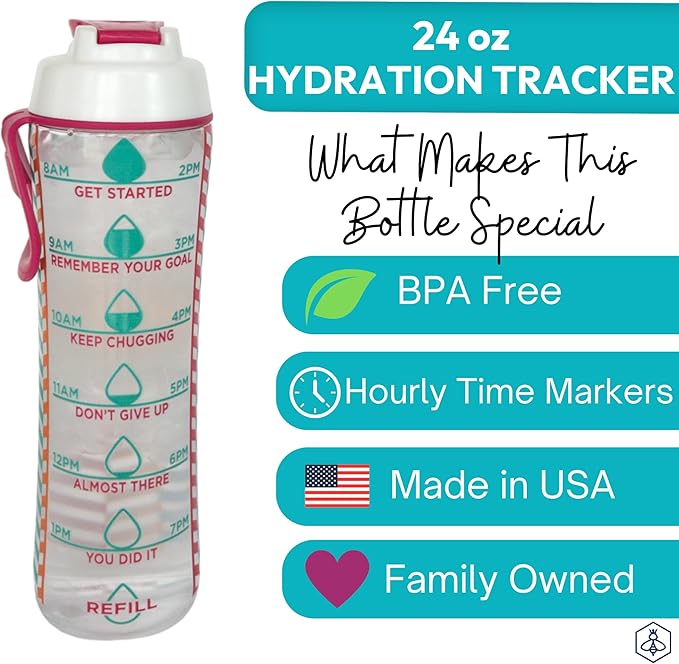 Kids Water Bottle with Times to Drink | 24oz BPA-Free Reusable Water Bottles with Time Marker | Clear Tritan Plastic Great for School | Leakproof Cap & Carry Loop | Made in USA