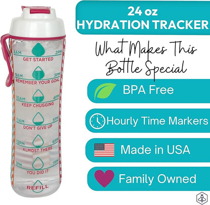 Kids Water Bottle with Times to Drink | 24oz BPA-Free Reusable Water Bottles with Time Marker | Clear Tritan Plastic Great for School | Leakproof Cap & Carry Loop | Made in USA