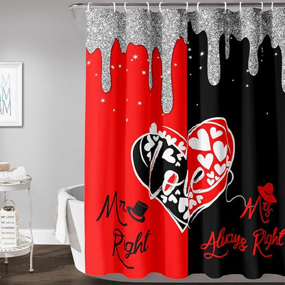 AILONEN Mr Mrs Black and Red Shower Curtain,Love Hearts Pattern Mr Right Mrs Always Right Theme Bath Curtain,Modern Print Decoration Waterproof Shower Curtain with 12 Plastic Hooks, 60" W*72" H