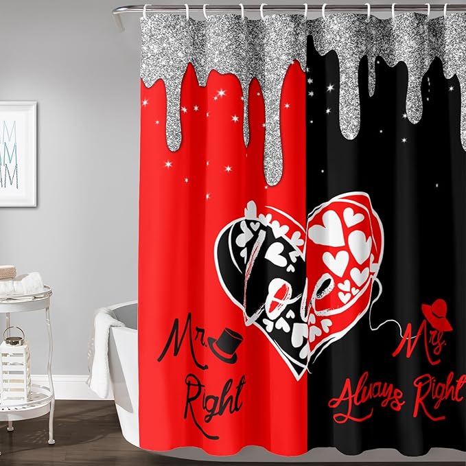 AILONEN Mr Mrs Black and Red Shower Curtain,Love Hearts Pattern Mr Right Mrs Always Right Theme Bath Curtain,Modern Print Decoration Waterproof Shower Curtain with 12 Plastic Hooks, 72" W*72" H