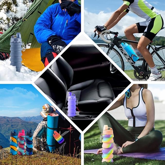 Collapsible Water Bottles 3 pack Travel Water Bottle Portable Hiking Water Bottle with Leak proof Twist Cap 500ML Reusable BPA Free Silicone Water Bottles with Carabiner. (Colorful)