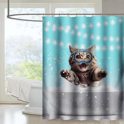 AILONEN 3D Bathtub Cat Shower Curtain for Kids 48" W*72" H Inch,Kawaii Diving Cat Leaps Out of Bathtub Shower Curtain,12 Pack Hooks Polyester Waterproof Fabric Decor for Bathroom Bathtub Panels