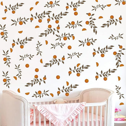 Orange Leaf Wall Stickers Boho Fruit Leaf Wall Stickers Removable Botanical Vintage Fruit Wall Decals Citrus Green Leaves Orange Wall Stickers for Nursery Kids Room Bedroom Kitchen Decor
