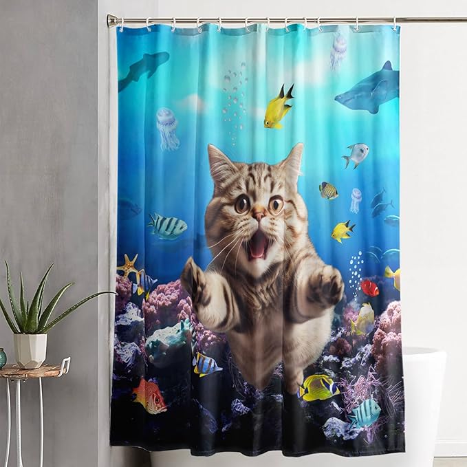AILONEN 3D Swimming Cat Shower Curtain Set,Coral Bath Curtain for Kids Girls Boys,Sea Animals Ocean Theme Shower Curtain,Cat Lovers Animal Shower Curtains for Bathroom Decor, 72" W*96" H