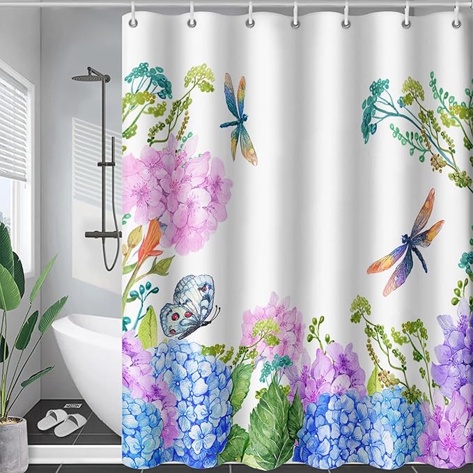AILONEN Purple Blue Floral Shower Curtain,Watercolor Flower Leaves Wildflower Decorative Bath Curtain 48" W*72" H Polyester Fabric Waterproof Bathroom Curtain with 12 Plastic Hooks