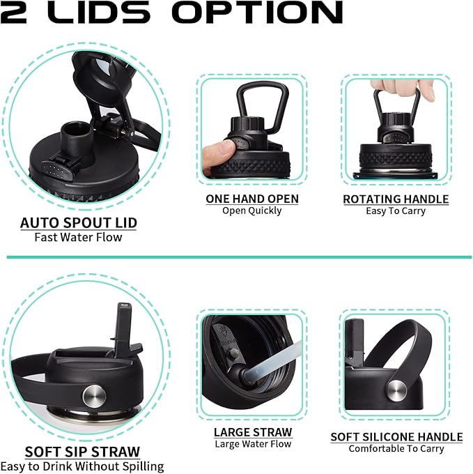 32-40-64OZ Stainless Steel Water Bottle - Black Water Bottle with Straw & Spout Lid, Paracord Handle & Bottle Sleeve, Insulated Vacuum Water Flask Double-Wall Metal Thermo Cup Canteen for Gym School