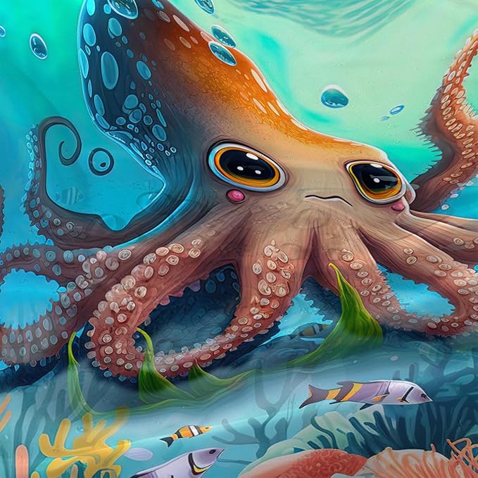 AILONEN Cute Cartoon Octopus Shower Curtain,Beautiful Sea World Theme theme Bath Curtain Cloth Fabric Bathroom 72" W*72" H Inch,12 Pack Hooks for Kids Child Sea Animal Bathroom Curtain