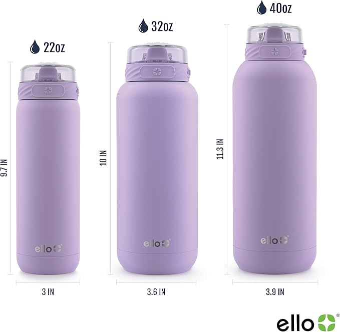 Ello Cooper 22oz Stainless Steel Water Bottle with Straw and Carry Handle, Double Walled and Vacuum Insulated Metal, Leak Proof Locking Lid with Soft Silicone Spout, Reusable, BPA Free, Lilac