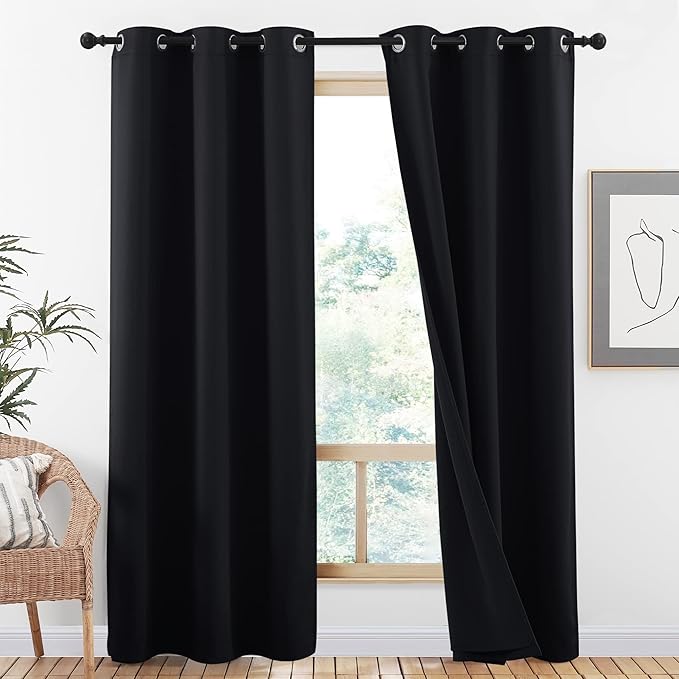 NICETOWN High-End Thermal Curtains, Full Blackout Cold Reducing Curtains 84 Inches Long for Dining Room, Soundproof Window Treatment Drapes for Hall Room, Black, 42" Wide Per Panel, Set of 2 Panels
