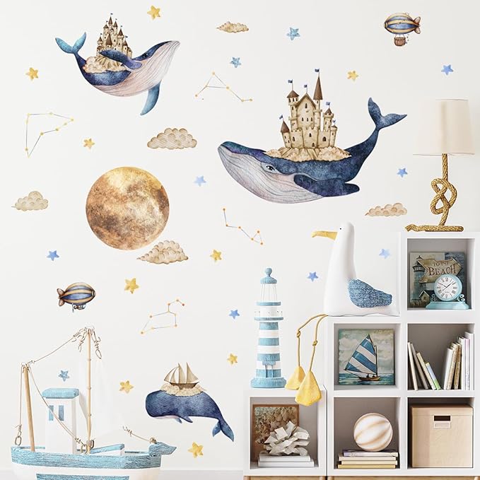 Ocean & Space Whale Wall Sticker - Colorful Watercolor Art, Easy to Apply