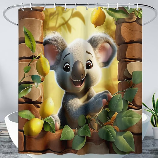 AILONEN Cartoon Koala Shower Curtain for Kids,Kawaii Lemon Koala Shower Curtain for Bathroom,Lovely Animals Shower Curtain Set with Hooks,48" W*72" H