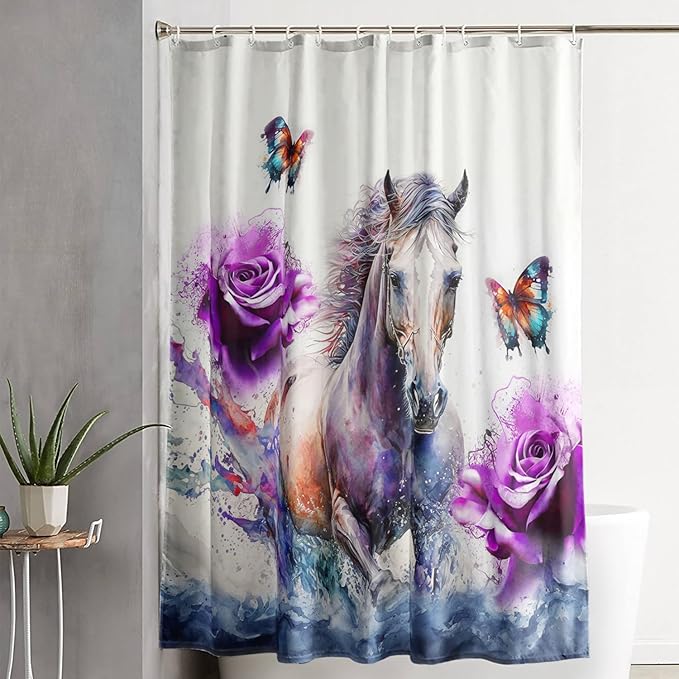 AILONEN 3D Horse Shower Curtain,Galloping Horses with Butterfly Waterproof Fabric Shower Curtains for Bathroom,Oil Purple Rose Bath Curtain Set with Hooks, 72" W*96" H