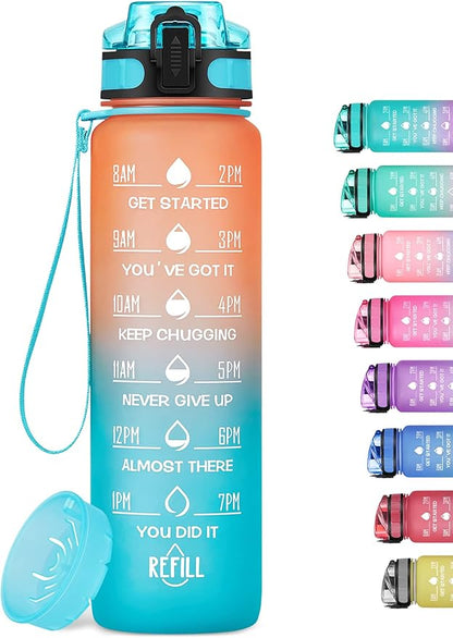32oz Motivational Water Bottle with Time Marker & Fruit Strainer, Leak-proof BPA Free Non-Toxic Bottle with Carrying Strap, Perfect for Fitness, Gym and Outdoor Sports