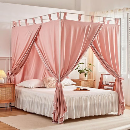 AIKASY Bean Paste Canopy Bed Curtains with Top Ties and Tie Backs for Bedroom Decoration - Twin Size Bed Curtains with Windproof and Lightproof Features