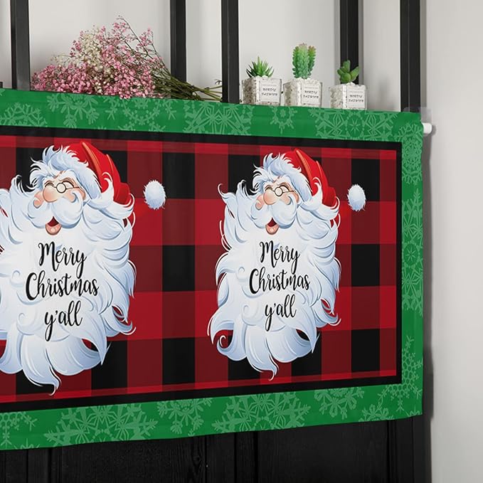 Merry Christmas Y'all Kitchen Curtains Valances for Windows XMAS Santa Claus Rod Pocket Window Treatment for Kitchen/Living Room/Bedroom/Bathroom,60" X 18" -1 Panel, Red Buffalo Plaid