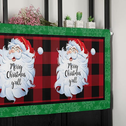 Merry Christmas Y'all Kitchen Curtains Valances for Windows XMAS Santa Claus Rod Pocket Window Treatment for Kitchen/Living Room/Bedroom/Bathroom,42" X 12" -1 Panel, Red Buffalo Plaid