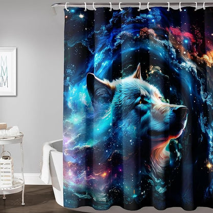 AILONEN 3D Wolf Shower Curtain for Bathroom,Blue Space Galaxy Starry Clouds Wolf Printed Bath Curtain,Boys Teen Kids Wild Animal Wolf Decoration Shower Curtain Waterproof 60" W*72" H