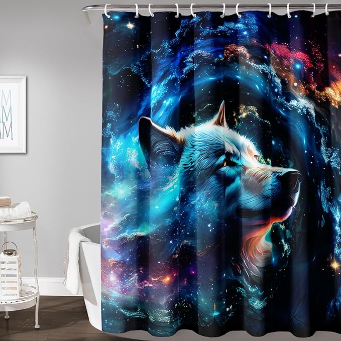 AILONEN 3D Wolf Shower Curtain for Bathroom,Blue Space Galaxy Starry Clouds Wolf Printed Bath Curtain,Boys Teen Kids Wild Animal Wolf Decoration Shower Curtain Waterproof 72" W*72" H