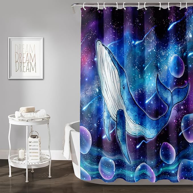 AILONEN Cartoon Blue Whale Shower Curtain,Swimming Whale Fabric Shower Curtains for Bathroom,Starry Night Bathroom Curtains for Kids Girls Boys,Fantasy Whale Bath Curtain Set, 72" W*96" H