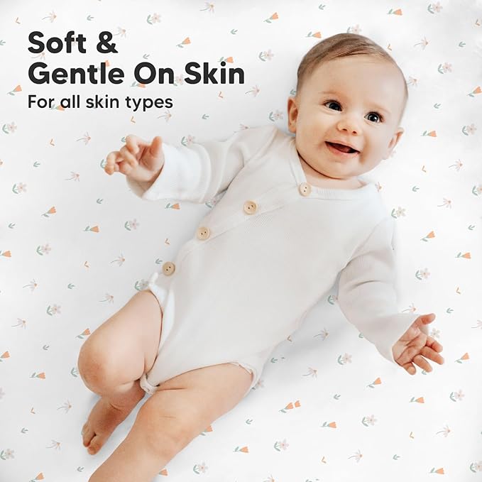 2-Pack Mini Crib Sheets Fitted, Pack and Play Sheets - Organic Cotton Pack N Play Sheets for Pack and Play Mattress, Playard Baby Crib Sheets, Jersey Crib Sheets Neutral for Boys, Girls (Wildflowers)