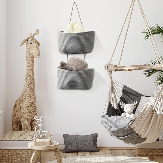 TeoKJ 2 Tier Over the Door Organizer, Wall-Mounted Storage Hanging Basket, Decorative Cotton Rope Hanging Baskets, Gray