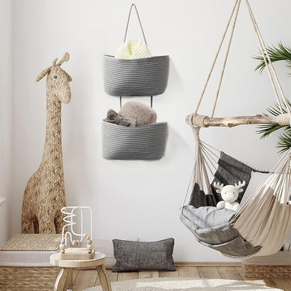 TeoKJ 2 Tier Over the Door Organizer, Wall-Mounted Storage Hanging Basket, Decorative Cotton Rope Hanging Baskets, Gray