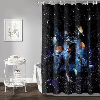 AILONEN Boys Dinosaur Shower Curtain 72" W*96" H for Bathroom,Blue Galaxy Starry Dinosaur Bathroom Shower for Boys Teen,Cartoon Dinosaur Bath Curtain Polyester Waterproof Shower Curtain with 12 Hooks