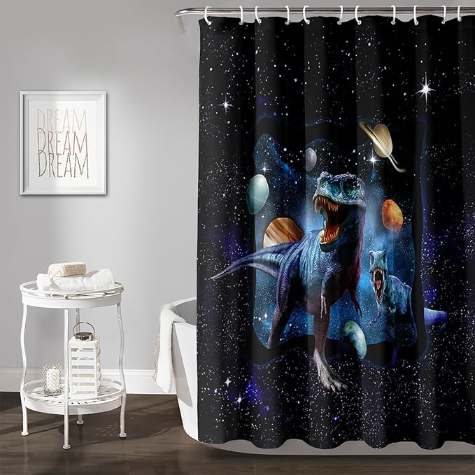 AILONEN Boys Dinosaur Shower Curtain 48" W*72" H for Bathroom,Blue Galaxy Starry Dinosaur Bathroom Shower for Boys Teen,Cartoon Dinosaur Bath Curtain Polyester Waterproof Shower Curtain with 12 Hooks