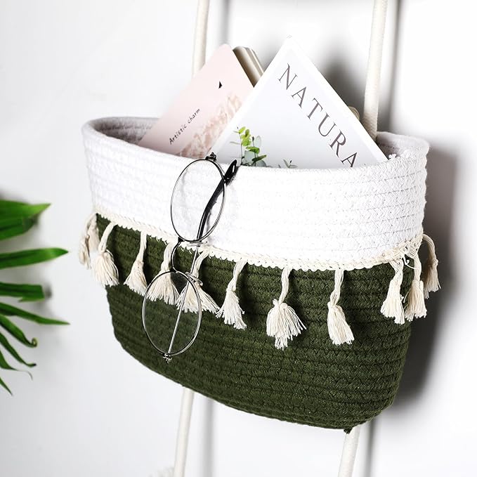 Over The Door Hanging Basket Boho Woven Wall Hanging Baskets 3-Tier Cotton Wall Mounted Storage Organizer Bag Macrame Decorative Hanging Baskets for Kitchen Laundry Room Stairs(White, Green)