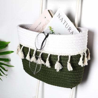 Over The Door Hanging Basket Boho Woven Wall Hanging Baskets 3-Tier Cotton Wall Mounted Storage Organizer Bag Macrame Decorative Hanging Baskets for Kitchen Laundry Room Stairs(White, Green)