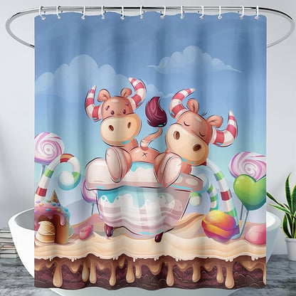 AILONEN Cute Cow Kids Shower Curtain 48" W*72" H Cartoon Candy Printed Shower Curtain Boys Girls Children Bathroom Curtain Decor Polyester Waterproof Curtain with 12 Hooks
