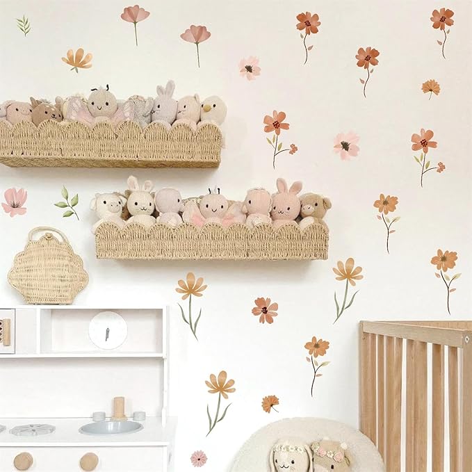 Small Flowers Wall Sticker Boho Floral Leaf Wall Decal Watercolor Botanical Leaves Wall Decals Plants Flowers Wall Stickers Removable Retro Floral Wall Decals for Nursery Bedroom Decor