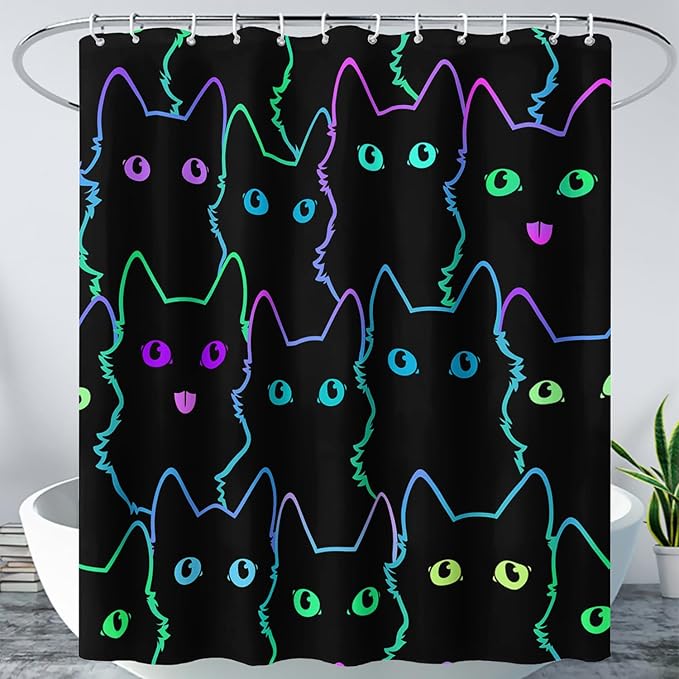 AILONEN Cute Cat Shower Curtain for Bathroom,Gradient Line Kawaii Kitten Bath Curtain for Kids Boys Girls,Color Cartoon Animal Polyester Waterproof with 12 Plastic Hooks 60" W*72" H