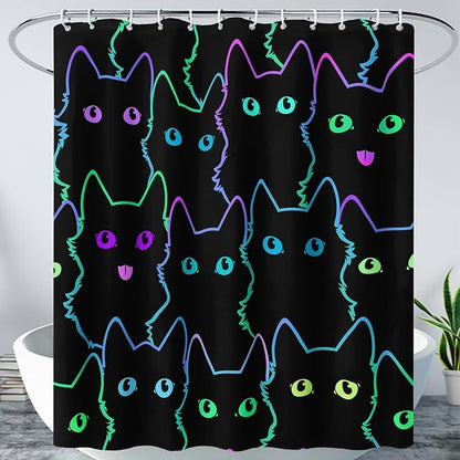 AILONEN Cute Cat Shower Curtain for Bathroom,Gradient Line Kawaii Kitten Bath Curtain for Kids Boys Girls,Color Cartoon Animal Polyester Waterproof with 12 Plastic Hooks 72" W*84" H